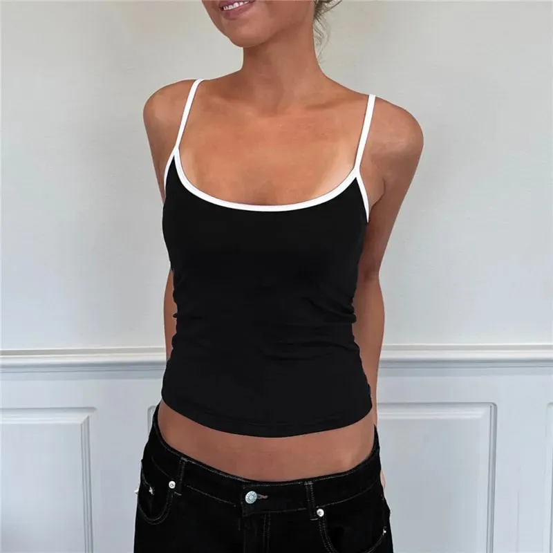 hirigin Y2K Color Block Trim Cami Top White Piping Spaghetti Strap Slim Fit Tank Solid Color Casual Streetwear Going Out Tops