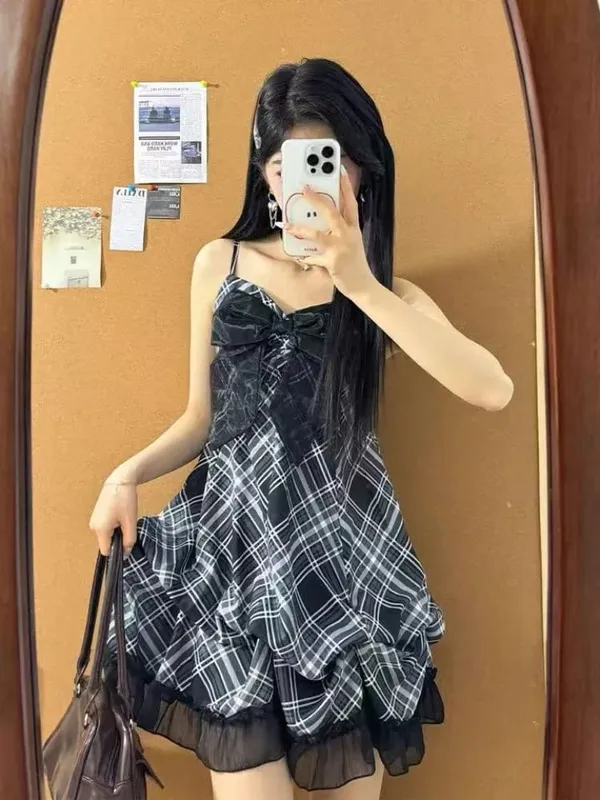 2025 estilo japonês do vintage cinta vestido feminino coreano moda preto rendas cami vestidos de verão doce retalhos novo vestido de uma peça