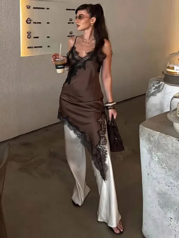 HH Women Elegant Asymmetry Hem Solid Dress Sleeveless Backless V Neck Fashion Dresses Female Sexy Lace splicing Mini Beach Dress — image 4