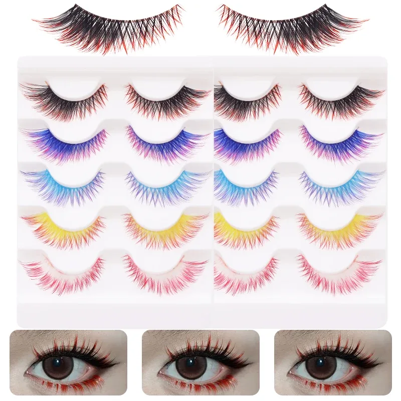 5 Pairs Mix Color Ombre Gradient False Eyelashes 3D Colorful Strip Lashes Handmade Fluffy Colored Eyelashes for Cosplay Makeup