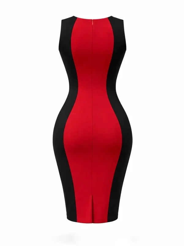 Women Elegant Color Block Round Neck Sleeveless Summer Office Work Knee Length Bodycon Dress Slim Fit Patchwork Pencil Dress — image 4