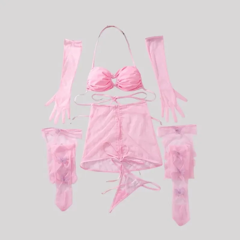 Lingerie Ultra Sexy Halter Bra Drawstring Pleated Attractive Suspenders Romantic Butterfly Cut Out Stocking Gloves — image 1