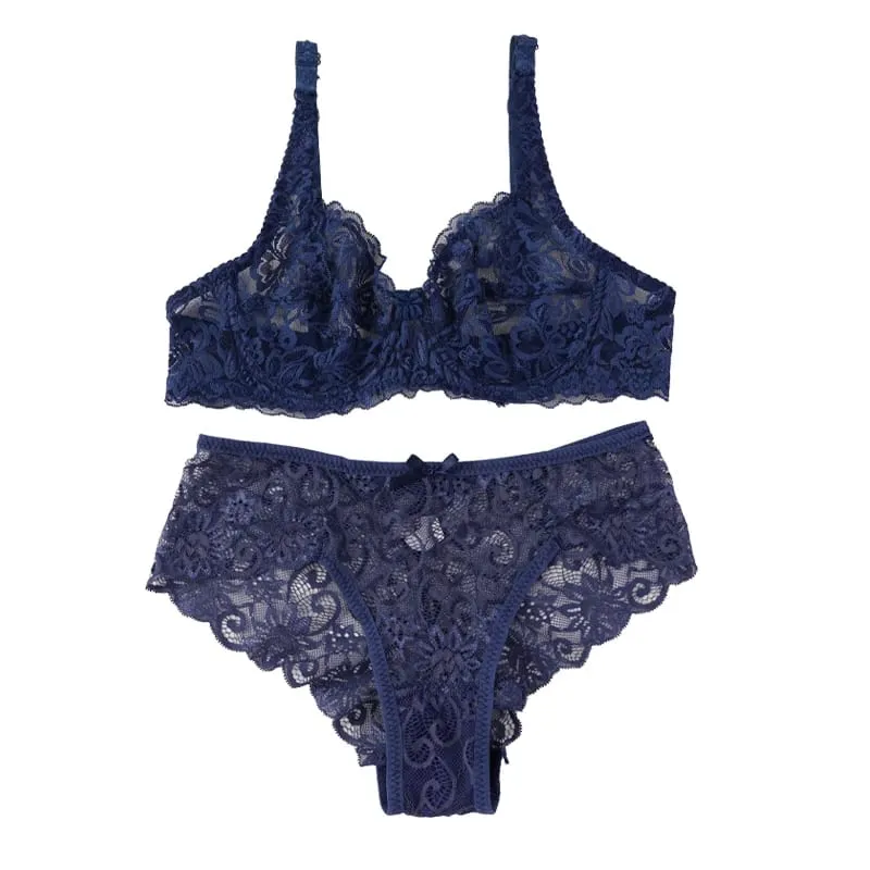 Sexy Lace Bra Set Women Push Up Non-pad Breathable Underwire Thin Solid Panties Underwear Exquisite Lingerie Daily
