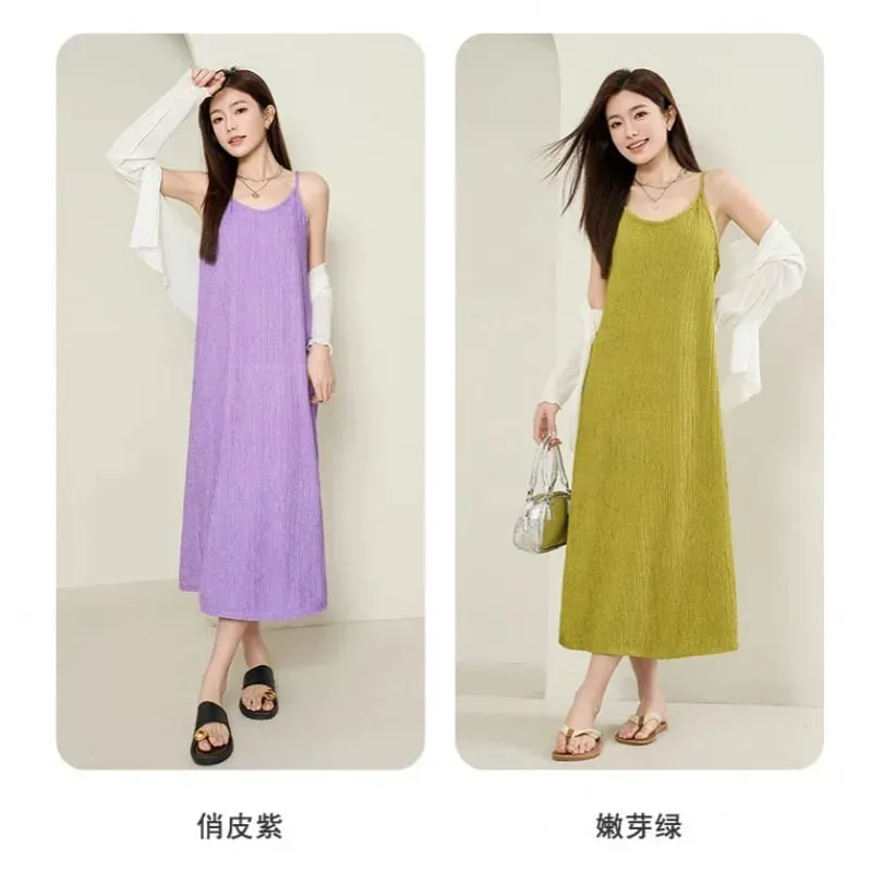 Original Black White Chiba Pleated Suspender Fashion Slimming Dress Women's Casual All-Match Loose Drooping Dress — image 5