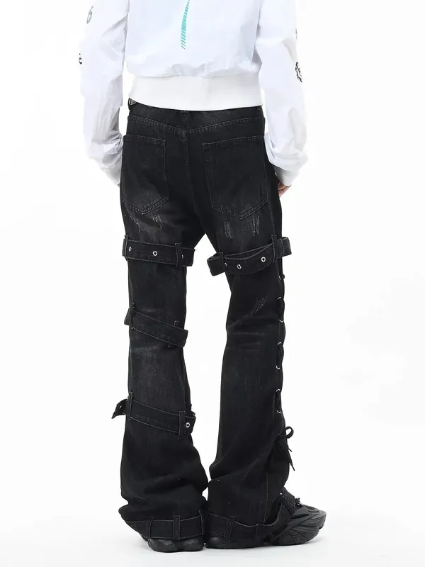 Gothic Punk Multi Buckle Strap Slim Fit Black Jeans Man Woman Ripped Vintage Techwear Bootcut Jeans — image 6