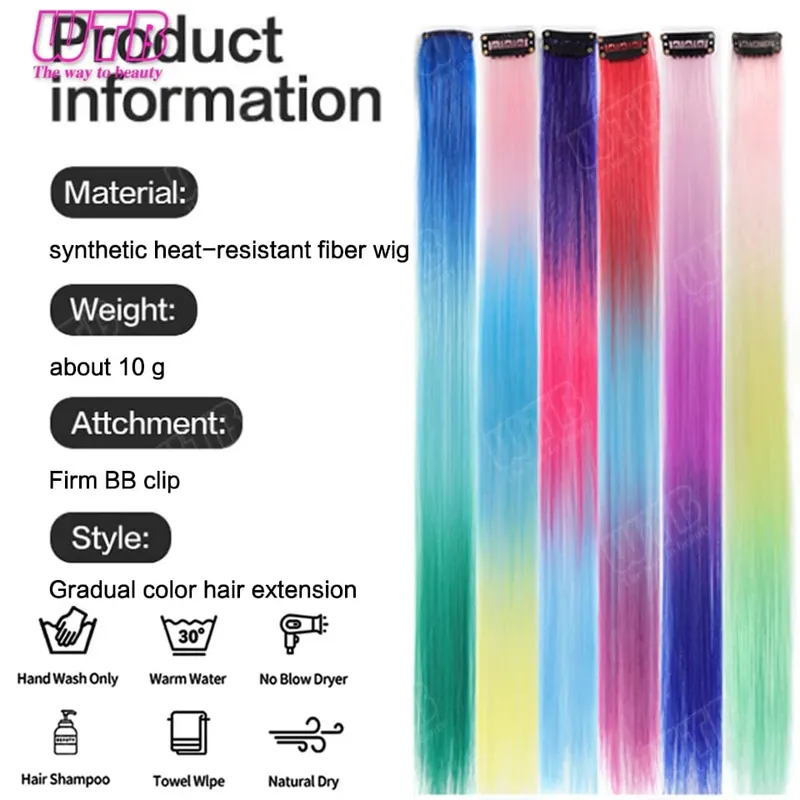 WTB Colored Synthetic Hair Extensions BB Clip Style Gradient Color Hair Extensions Suitable for Women's Daily Wear and Holidays