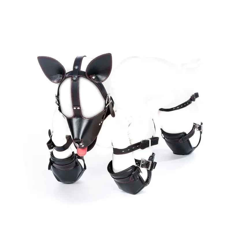 PU Leather Puppy Play Bondage Set Dog Mask Hood Mittens Handcuffs Anklet Collar Leash Chain Restraints BDSM Sex Toys for Couples