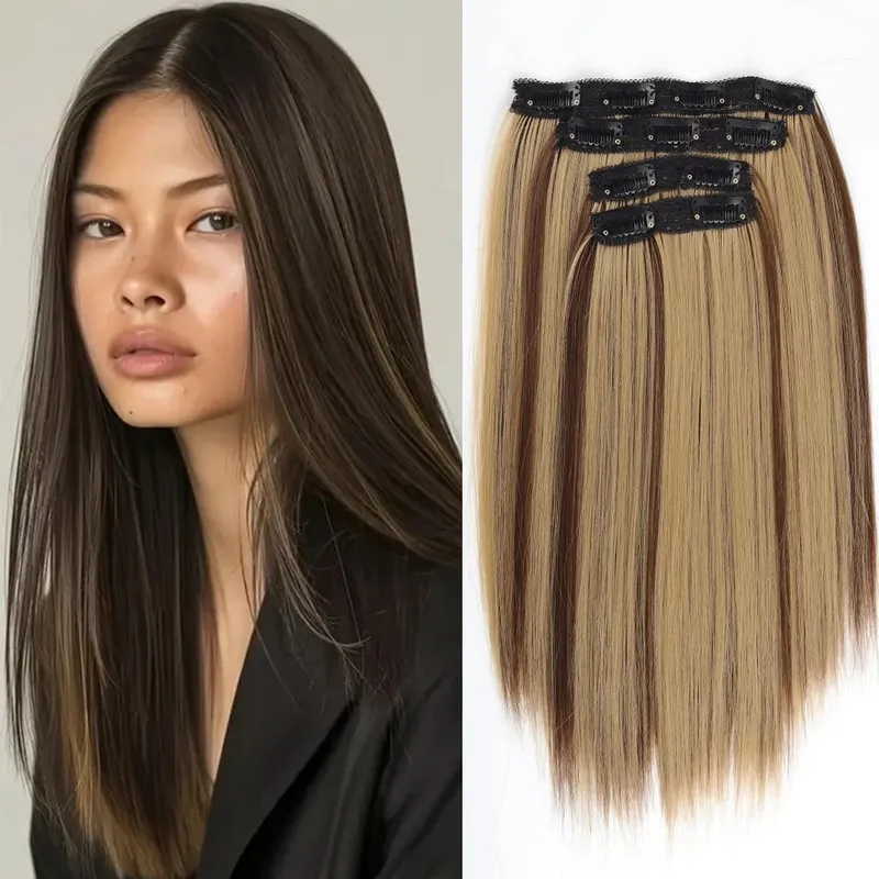 14inch Synthetic Wig Four-Piece Straight Hair Extension Wig BB Clip Style Suitable For Women Christmas New Year Carnival Music