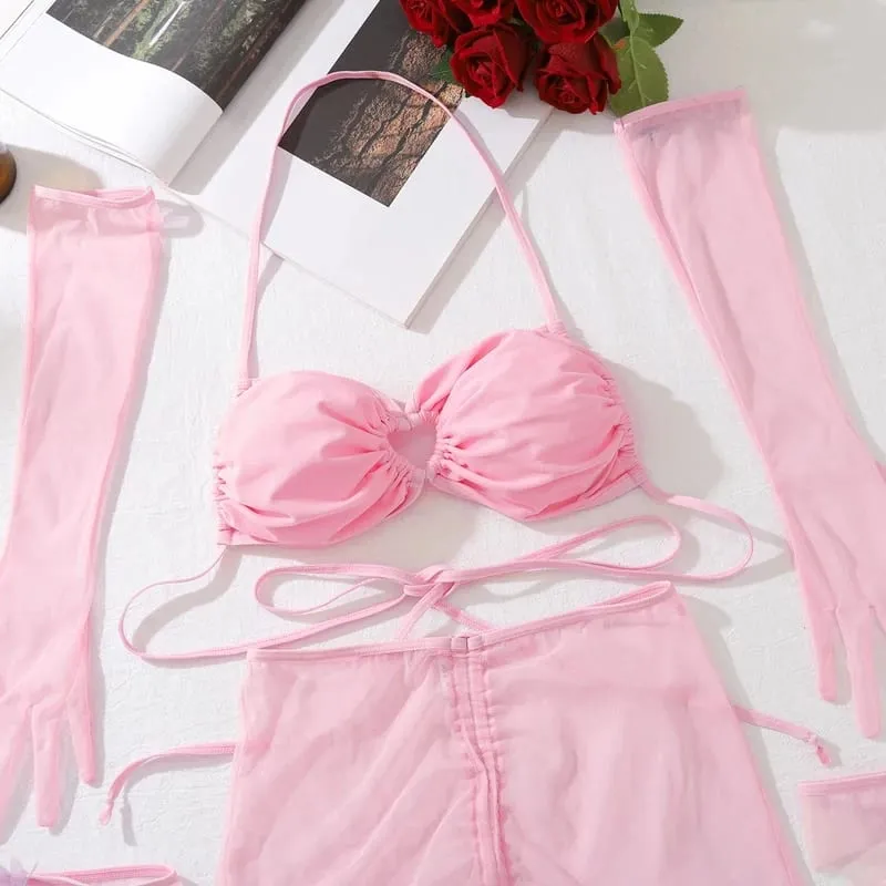 Lingerie Ultra Sexy Halter Bra Drawstring Pleated Attractive Suspenders Romantic Butterfly Cut Out Stocking Gloves — image 3