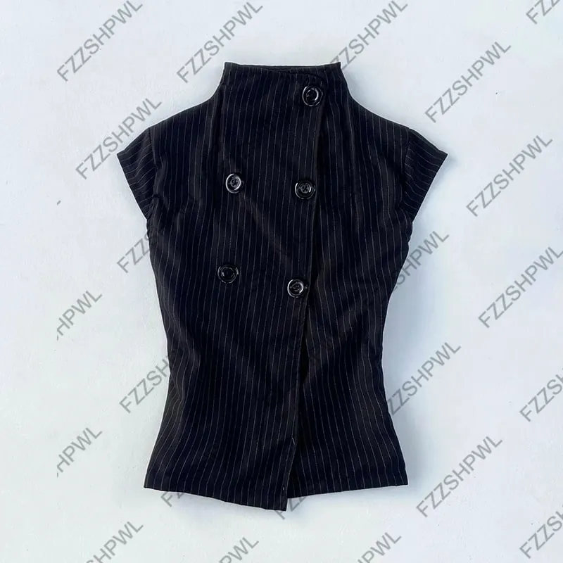 Button Harajuku Y2k Tank Top Stripe Graphic Print Punk Crop top Streetwear Rock Goth Vest Subculture Spicy Girls Sleeveless Top