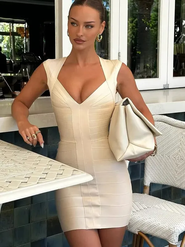 Solid Sleeveless Patchwork Dress Women Chic V-neck High Waist Bodycon Mini Dresses 2026 Lady Evening Party Elegant Vestidos New