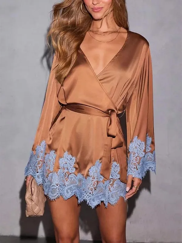 Sexy Chic Brown Lace Satin Womens Dress Spring Deep V Neck Hollow Mini Dress Autumn Long Sleeve Sashes Homewear Night Gown — image 8