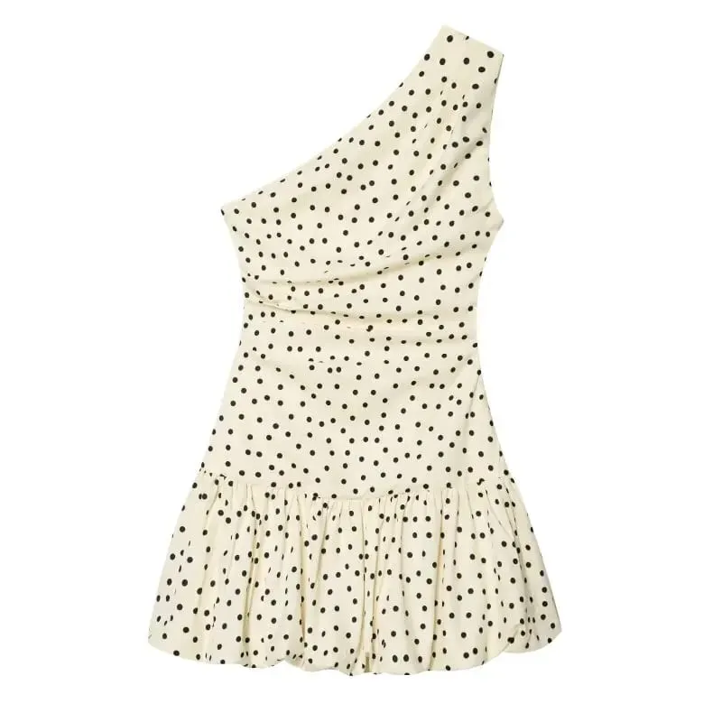 Women One Shoulder Sleeveless Polka Dot Mini Dress Ruched Waist Ruffle Hem Elegant Casual Party Short Dress Spring Summer — image 3