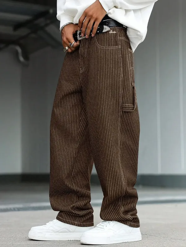 Men's vintage brown-and-white thin pinstripe loose wide-leg denim trousers Y2K workwear street-style unisex casual jeans