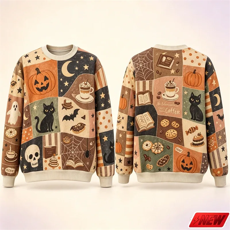 Halloween Splicing Patterns Sweatshirt Men 3D Print Pumpkin Cat Long Sleeve Pullover Hoodie Quick Dry Holiday Costume Top Unisex