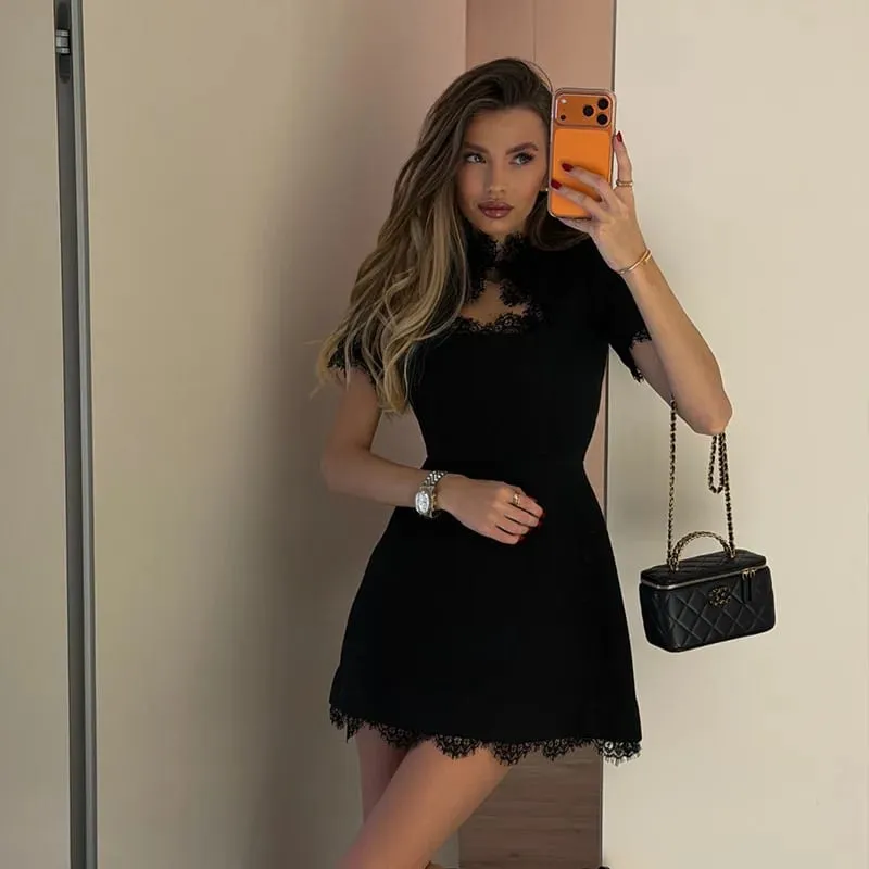 Sexy Women's Mini Dresses Patchwork Short Sleeves Lace Hollow Out Slim Fit Trend Baisc Turtleneck Streetwear Female Robe — image 2