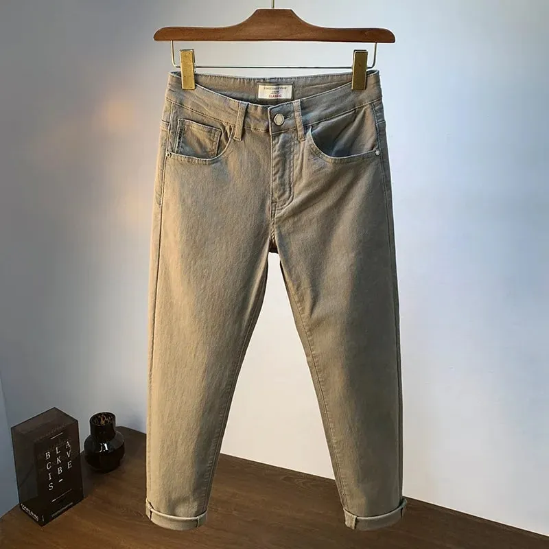 Lichte luxe herenjeans 2025 zomer dunne stretch taps toelopende kleine rechte pijpen casual veelzijdige denim effen kleur broek