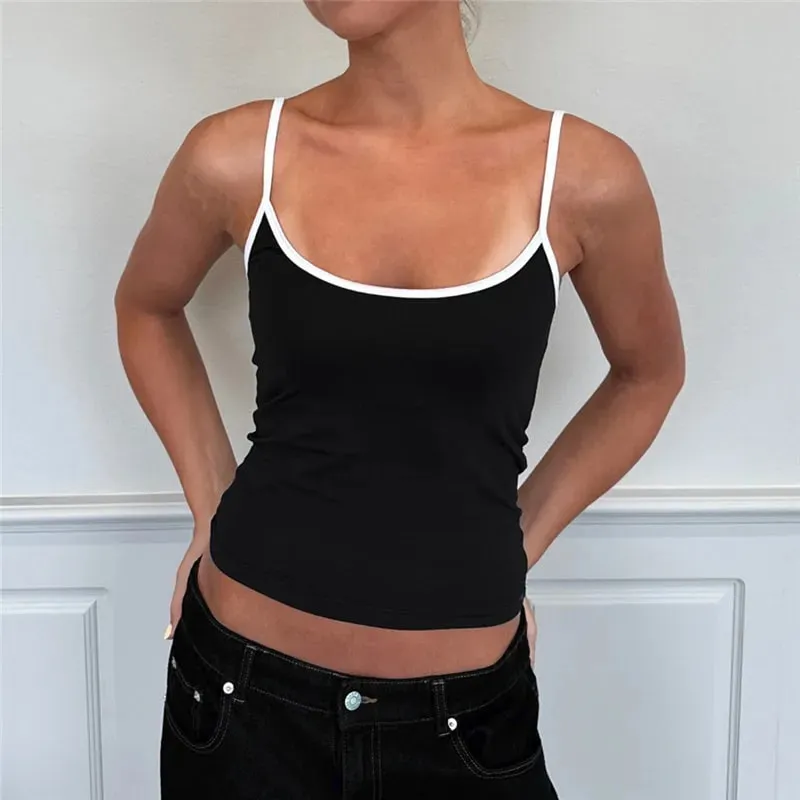 hirigin Y2K Color Block Trim Cami Top White Piping Spaghetti Strap Slim Fit Tank Solid Color Casual Streetwear Going Out Tops — image 6