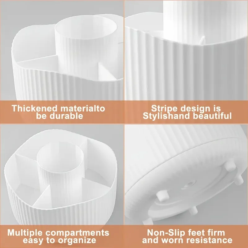 360-Degree Rotating Makeup Organizer 5 Slot Plastic Cosmetic Storage Elegant Stripe Versatile Holder for Brushes Office Supplies