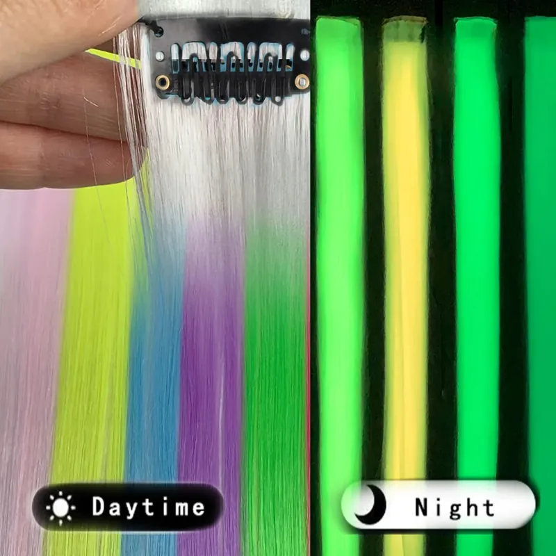 Extensiones de cabello que brillan en la oscuridad, 20 pulgadas, Clip, postizos de colores luminosos, pinzas para el cabello de arcoíris, peluca sintética recta