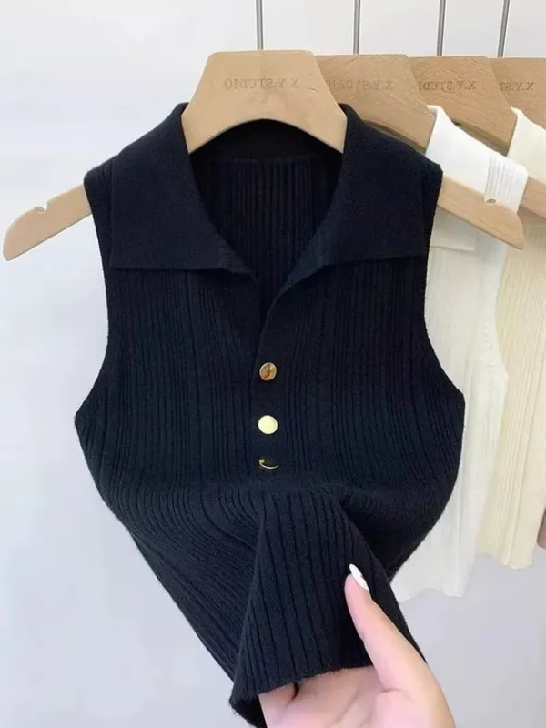 Zjaiss 2026 Spring Summer Slim Versatile Camisole Women's Polo Lapel Tank Tops Vest Ice Silk Knit Sleeveless Tops