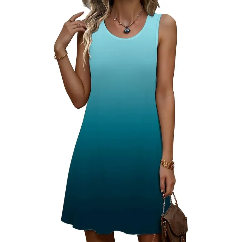 Fashion Women Gradient Mini Dresses Summer Sleeveless 3D Printed Beach Casual Ladies Dress 3XL Plus Size Street Loose Dress — image 6