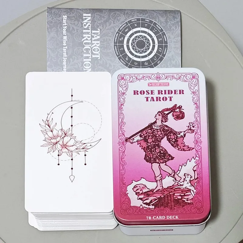 Rose Rider Tarot Deck in Tin Box - 11*6.2cm 78 Classic Vintage Pink Tarot Cards with Guidebook Aesthetic Rose Pink