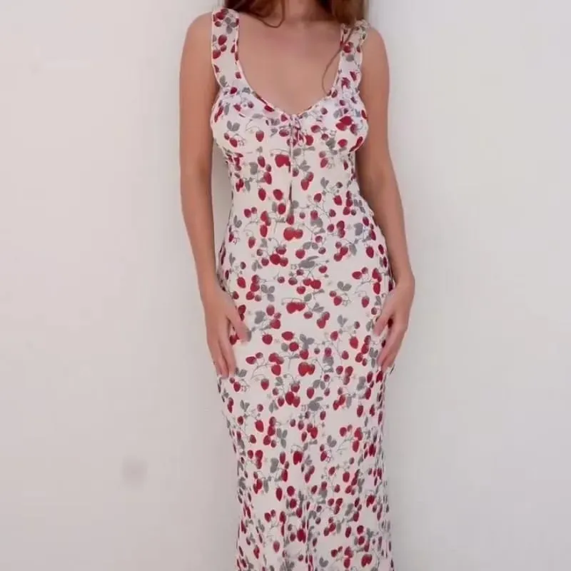 Summer Flower Printed Women's Sexy Low-cut Sleeveless Backless Slim Sling Ruffles Dresses 2026 Beach Vacation Lady Vestidos
