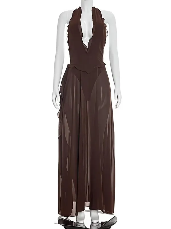 Mozision Halter Deep V Leher Gaun Maxi Seksi Tanpa Belakang Wanita Elegan Off-shoulder Tanpa Lengan High Split Party Club Dress Long Dress — image 6