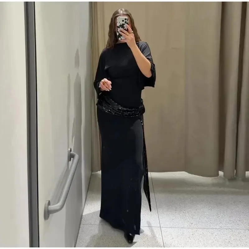 Women Backless Sequin Patchwork Maxi Dress Elegant Wide Sleeve Long Gowns Feminine New Fashion Evening Party Daily Robes