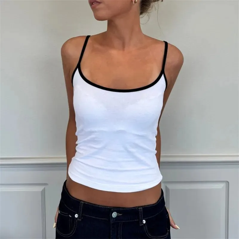 hirigin Y2K Color Block Trim Cami Top White Piping Spaghetti Strap Slim Fit Tank Solid Color Casual Streetwear Going Out Tops — image 10