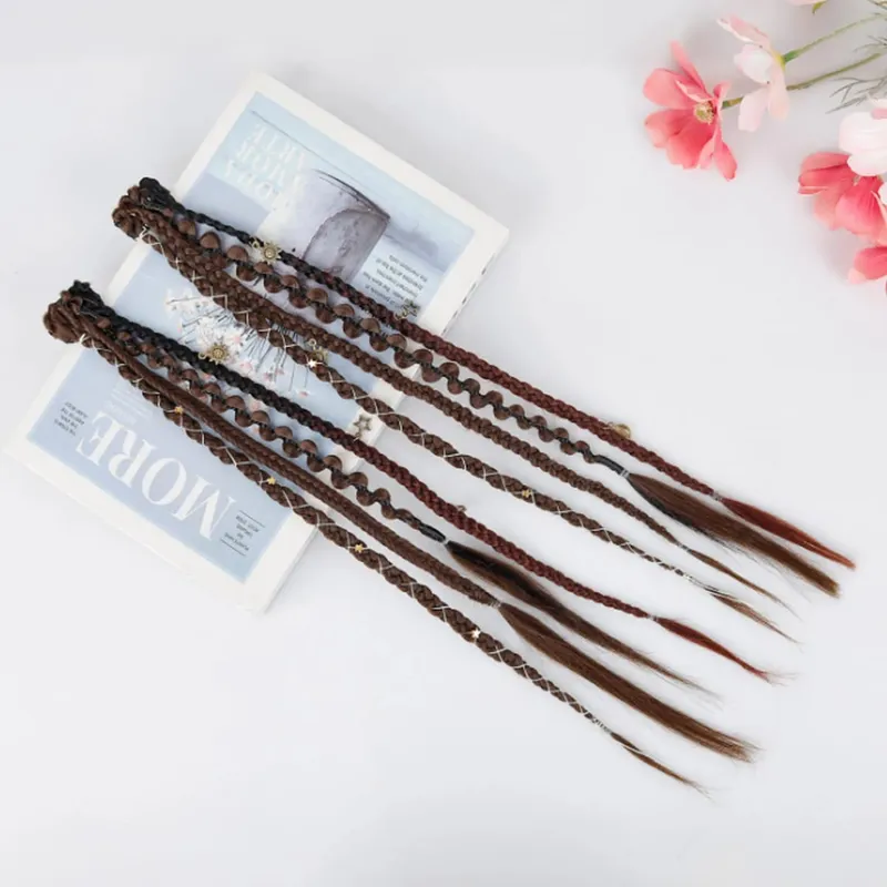 Clip in Braided Hair Extensions for Women Boho Dreadlock Clip in Braids with Beads 2pcs Handmade Synthetic Braided Hairpieces