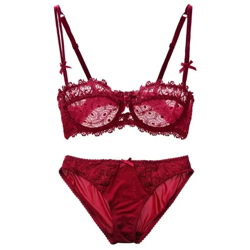 Summer White Lace Bra Lingerie Set Ultra Thin Breathable Sheer Mesh Sexy Deep V Push Up Wireless Women Underwear Suit