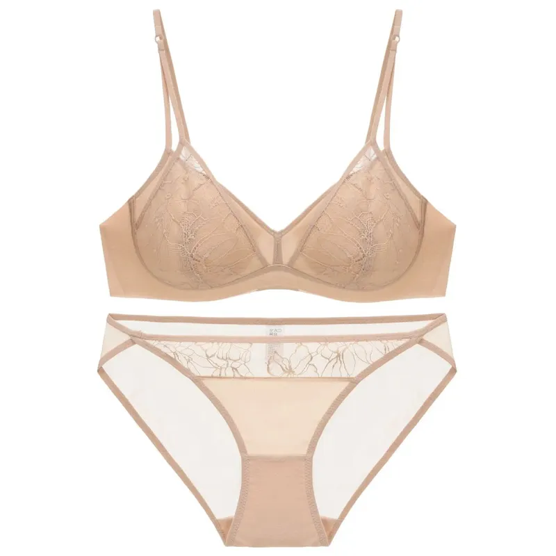 Women's Style Sexy Lingerie Set Thin Contrast Lace Patchwork Push-Up Wireless Bra with Double Shoulder Straps for Small Bust