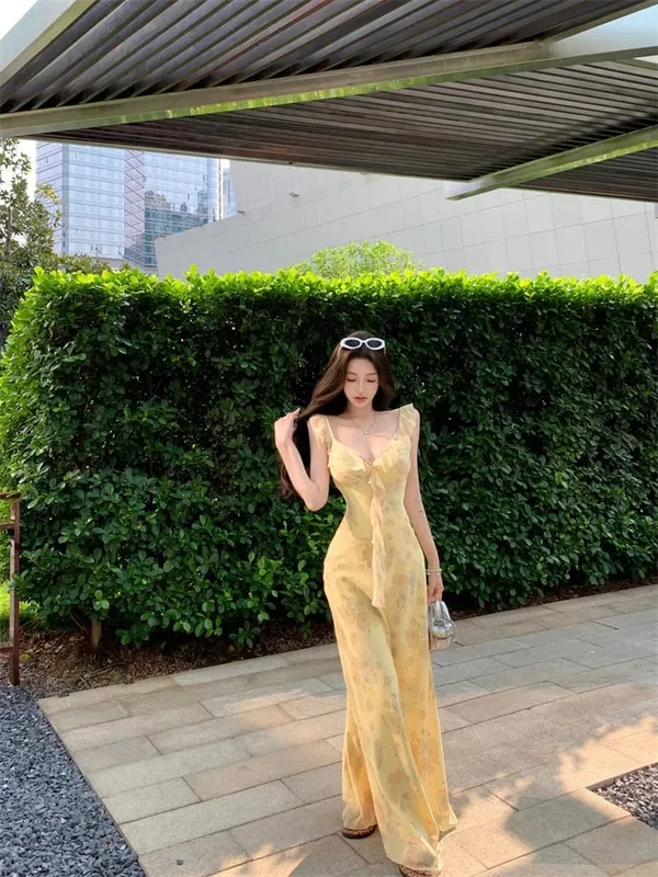 Summer Flower Printed Women's Sexy Low-cut Sleeveless Backless Slim Sling Ruffles Dresses 2026 Beach Vacation Lady Vestidos