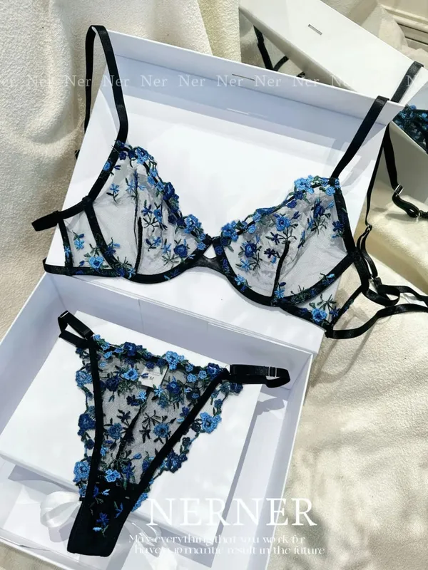 Transparent Floral Lace Embroidery Bra Set Summer Thin Minimizer Underwear Soft Breathable Full Bust Female Home Daily Wear S-XL