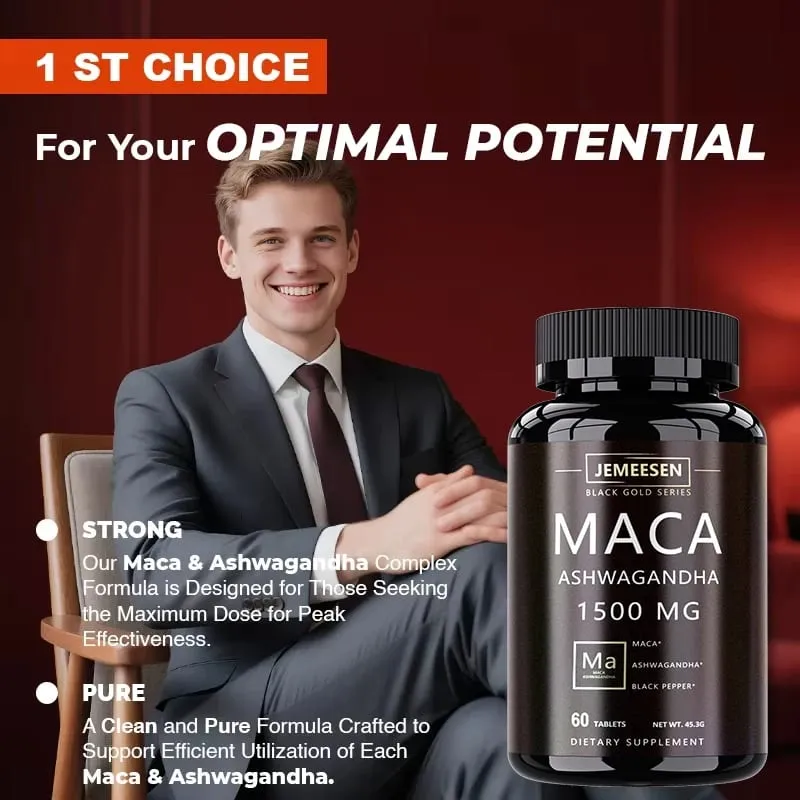 Capsules de poudre de racine de Maca biologique, 1500 mg, contenant de l'extrait de racine de Maca, suppléments de poivre noir Ashwagandha pour hommes