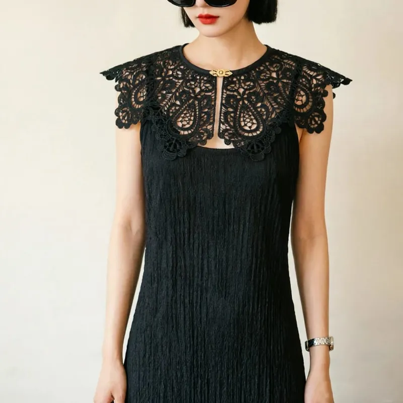Pleated Sleeveless Elastic Long Dresses Women Vintage Palace Style Womens Black White Doll Fake Collar Soft Midi Dress Clothing — image 21