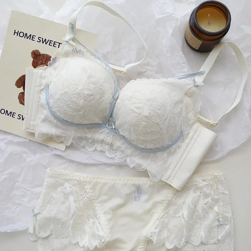 Thin Cup Full Lace Lingerie Set 32-38 AB French Wireless Bra Lift Anti Sag Push Up Design for Small Bust Sensual Ladies