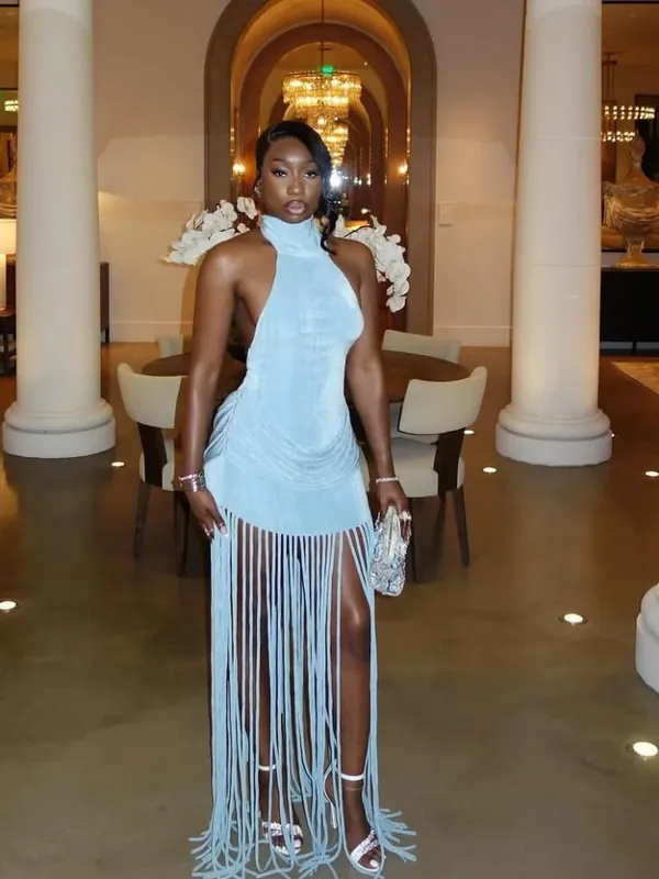 Solid Velvet Halter Tassel Dress Women Off-shoulder Backless Waist Cinching Slim Sexy Dresses 2026 Spring Evening Party Vestido — image 3