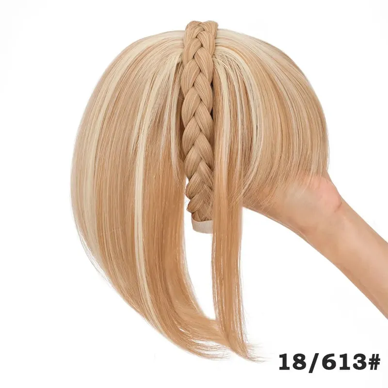 Snoilite 11'' Braided Headband with Clip-In Hair Topper With Bangs Natural Look Synthetic Straight Hair Extensions for Women 92g