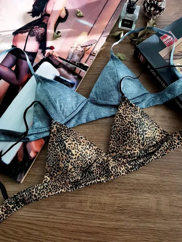 Triangle Cup Bra Set Sexy Leopard Print Ultra Thin Wirefree Bralette & Panty Lingerie for Small Breasts