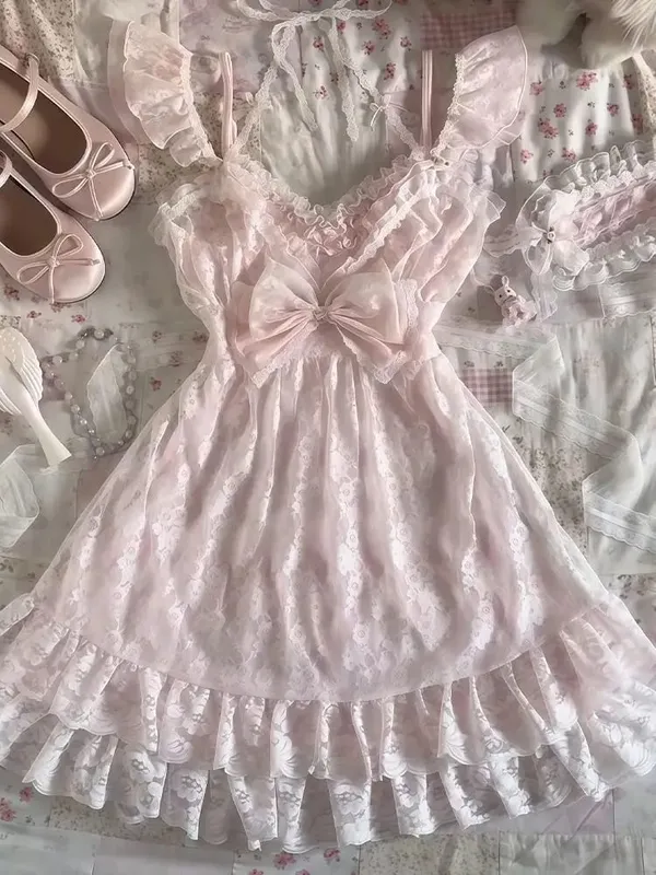 Pakaian Perca Renda Vintaj Y2K Wanita Set Dua Keping Kardigan Retro Elegan Musim Panas + Pakaian Mini Ramping Tanpa Lengan Fesyen Manis