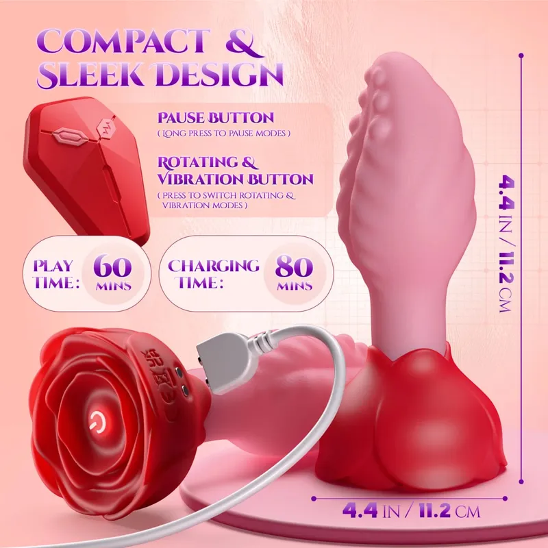 Remote Control 360° Rotation Wiggle Tongue Vibrator Rose Butt Plug for Men Prostate Massager Adults Sex Toys for Women Men Gay