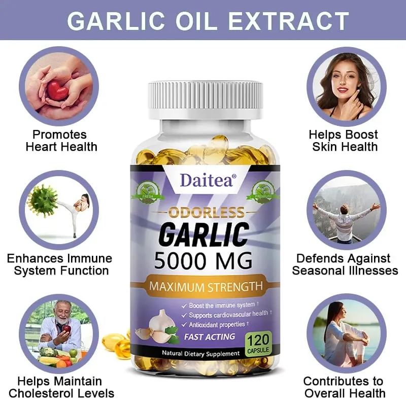 Garlic Extract Capsules 5000mg Balanse Cholesterol Help Immunity Heart Health Detoxification Cleansing