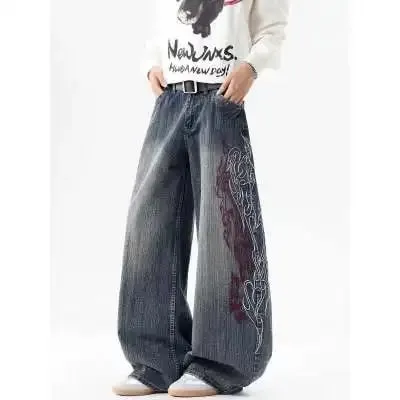Men's Loose Straight Leg Jeans Pattern Embroidered Baggy Jeans Y2K Gothic Harajuku Hip Hop Straight High Waist Wide Leg Pants — image 3