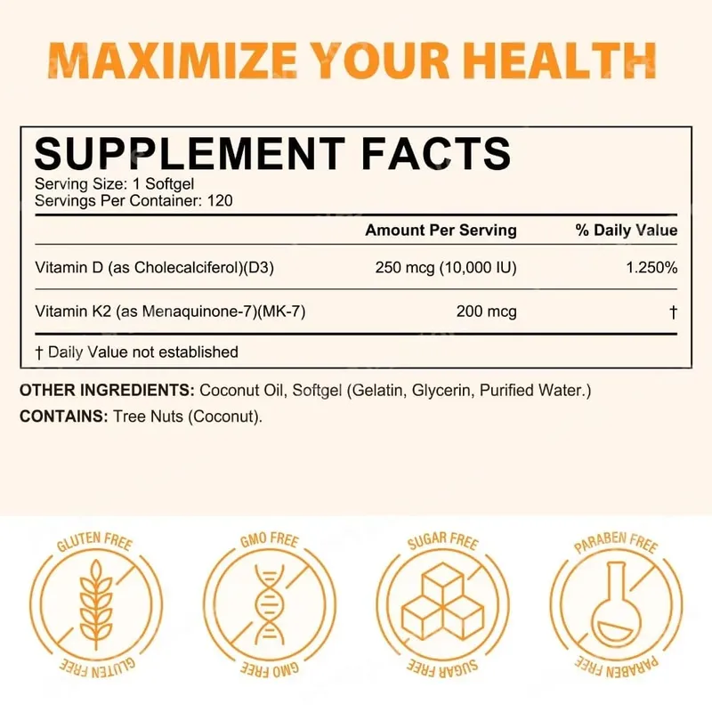 Acentiallabs Premium Vitamin D3 K2 Softgels Ergänzungen Kokosnussöl Vitamin D3 AK2 Weichkapseln zur Immununterstützung für Erwachsene