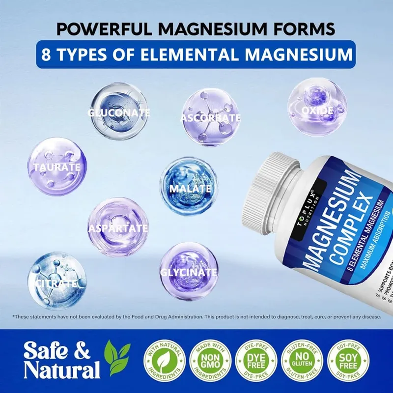 Magnesium Complex 1000mg 8 Elemental Magnesium Supplement na may Glycinate Citrate Oxide Aspartate Orotate Malate Taurate High Abs