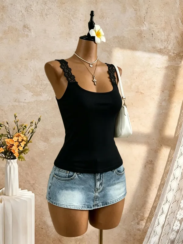 2 Pcs Women Lace Trim Spaghetti Strap Tank Top Ribbed Knit Square Neck Slim Fit Solid White Black Casual Cami Vest — image 5