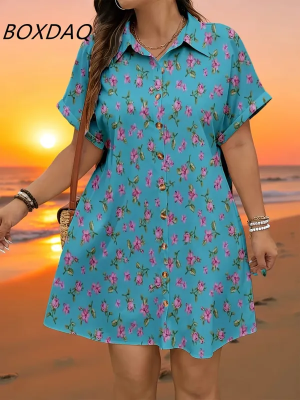Short Sleeve Flower Pattern Fashion Women Mini Dresses Summer 3D Printed Street Elegant Casual Ladies Shirt Dress Plus Size 3XL